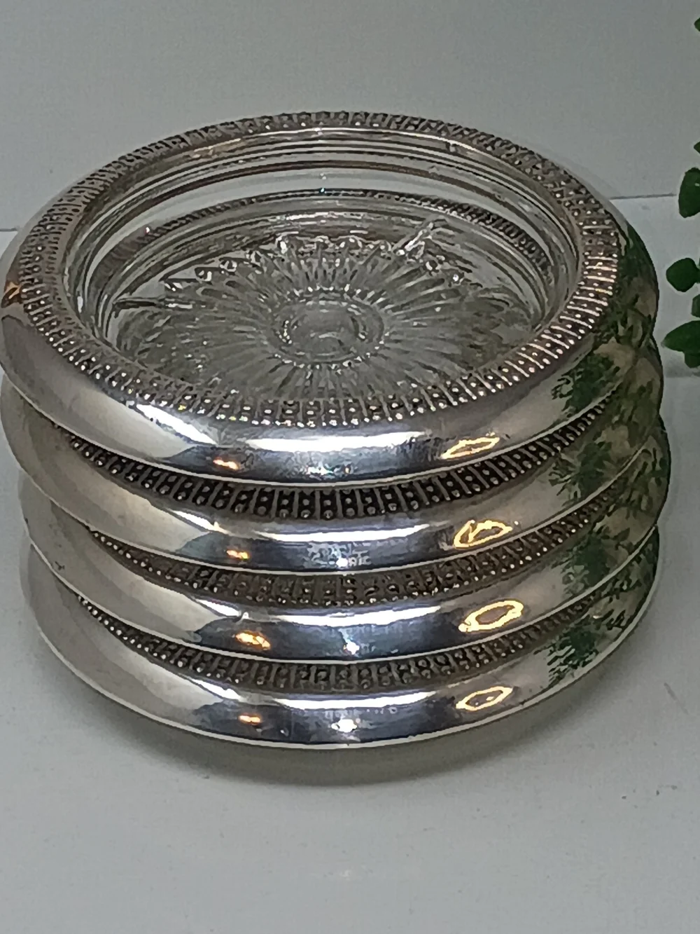 Sterling Silver Glass Sunburst Coasters - Set of 4